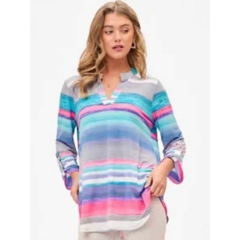 Dear Scarlett Womens Striped Roll Tab V-Neck Tunic Top XL Pink Blue LIZ-C0269P